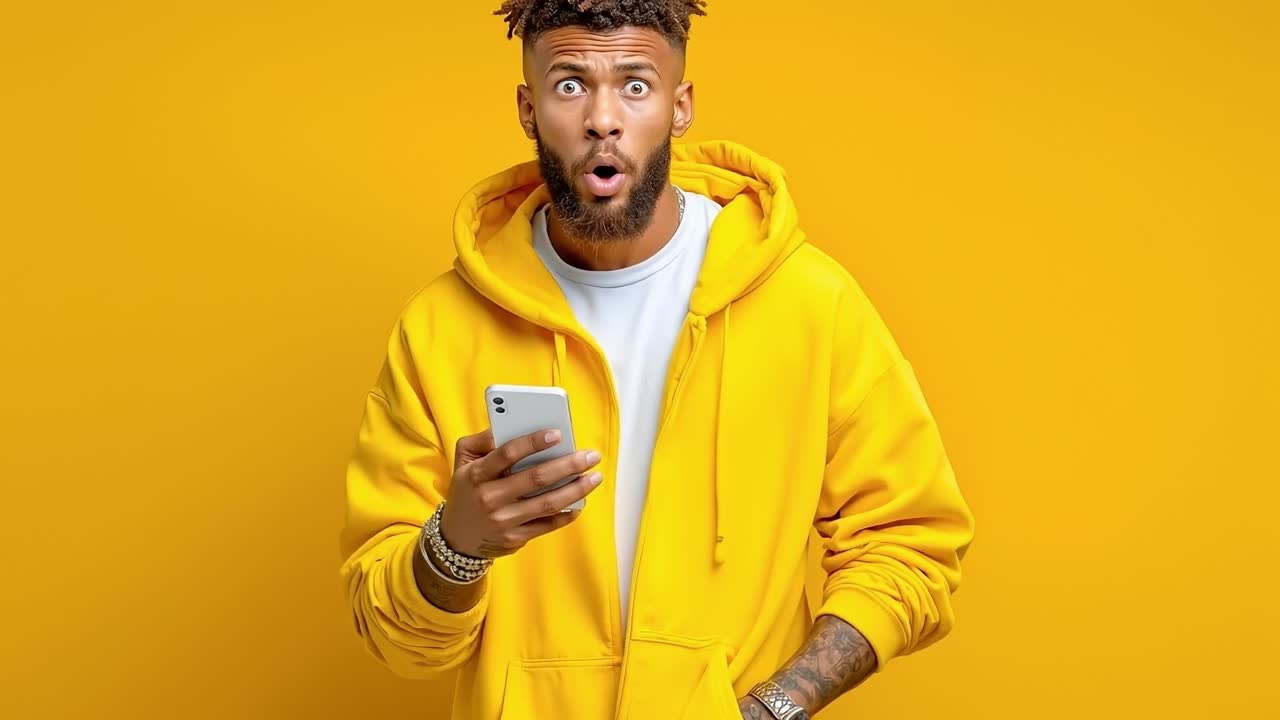 A man in a yellow hoodie with a surprised look on his face