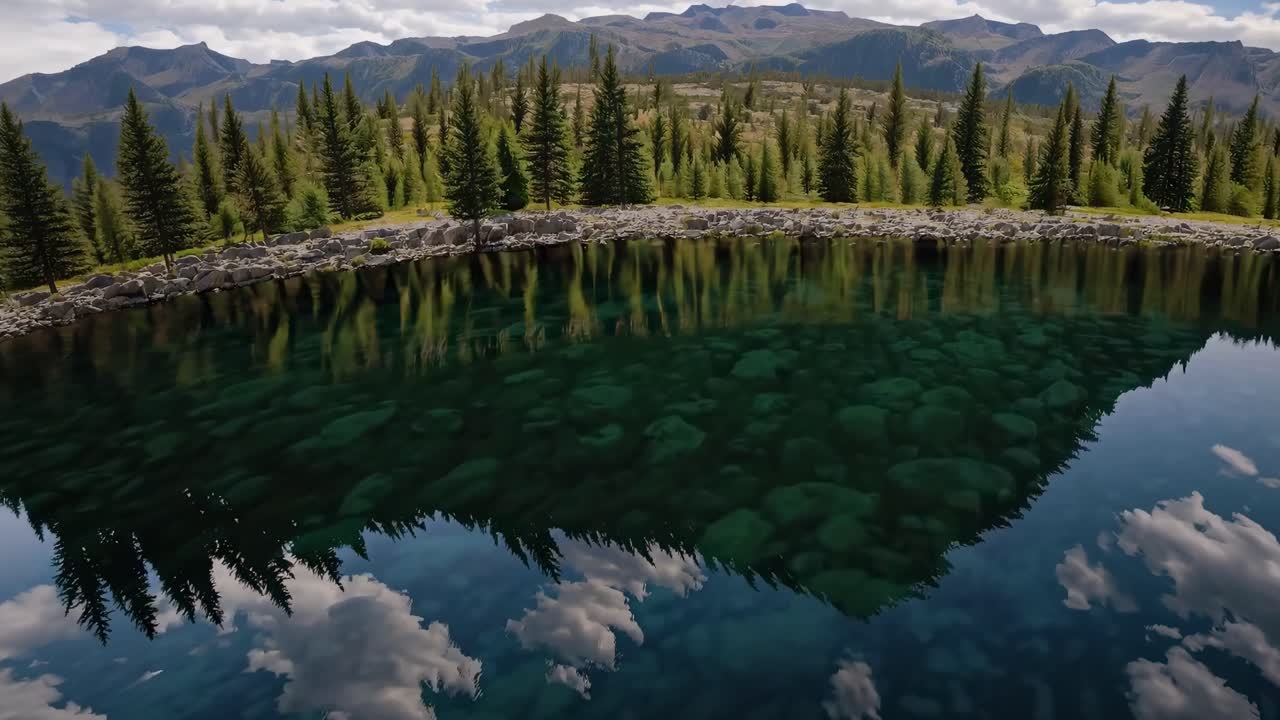 Aerial video captures a serene mountain lake with clear reflections of trees and clouds, framed