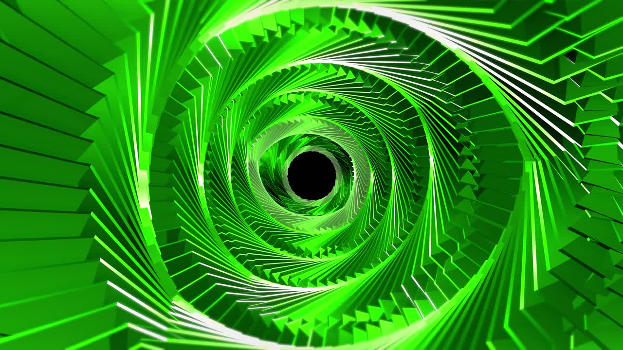 Flying Through a Green Glowing Abstract Spiral Tunnel