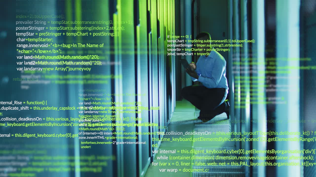 Animation of data processing over african american male engineer using digital tablet at server room