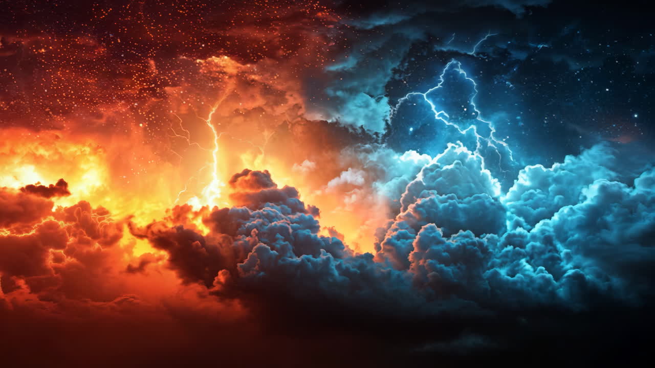 A picture of a storm with red and blue clouds