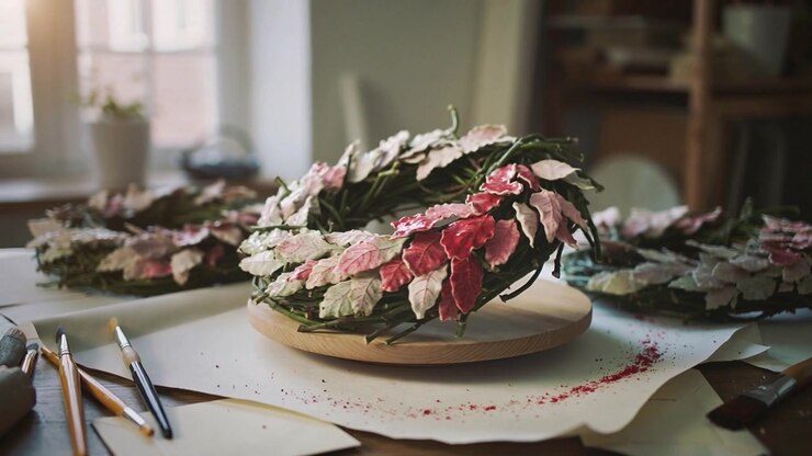 Rotating turntable causing floral wreath tilting on studio table, revealing red pigment trail