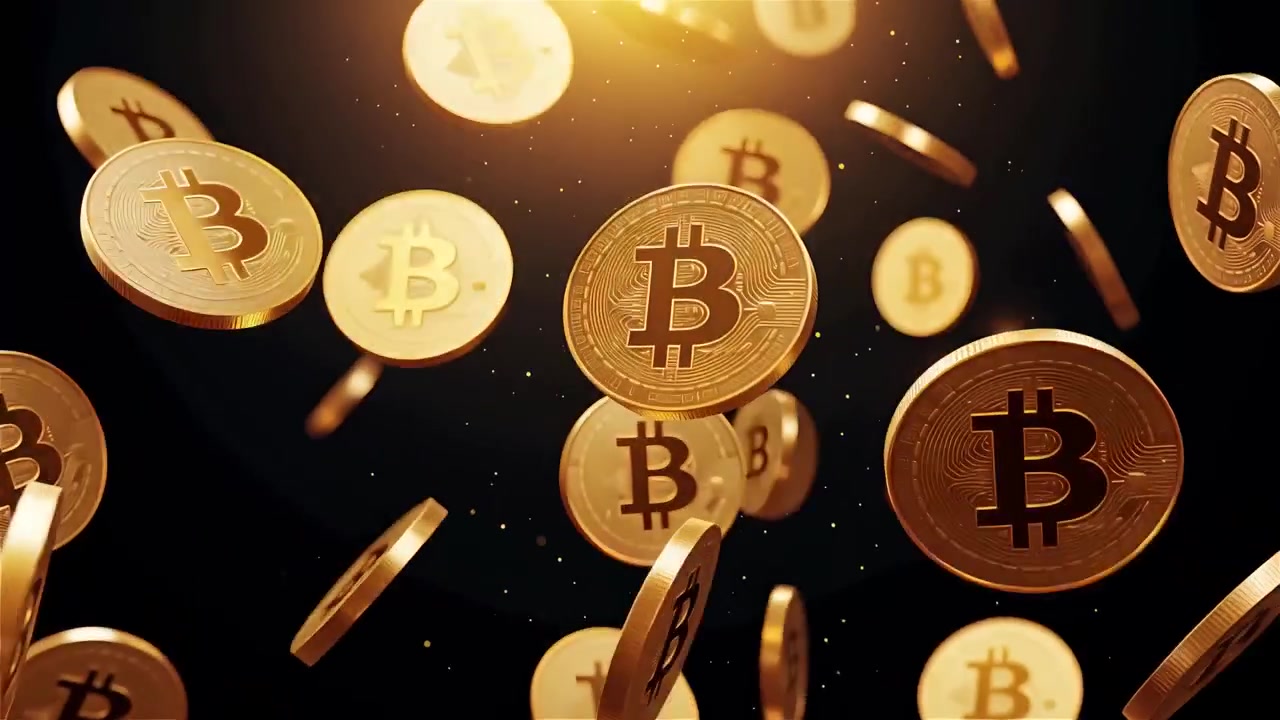 Bitcoin in rotazione su sfondo nero drammatico 4k