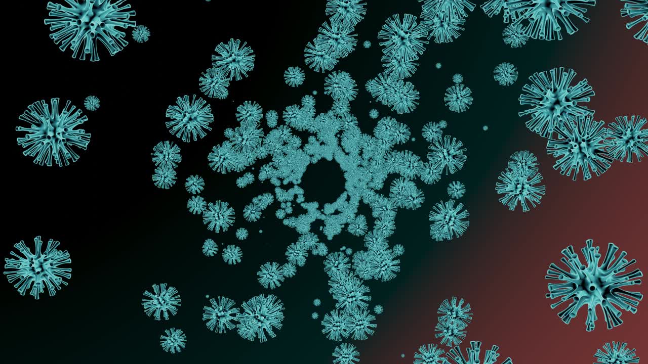 Coronavirus tunnel animation of flight among many viral cells on a gradient background.