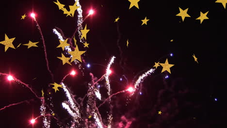 fireworks display with yellow stars animating over dark night sky