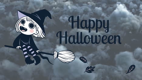 flying on broomstick, animated witch with happy halloween text over clouds