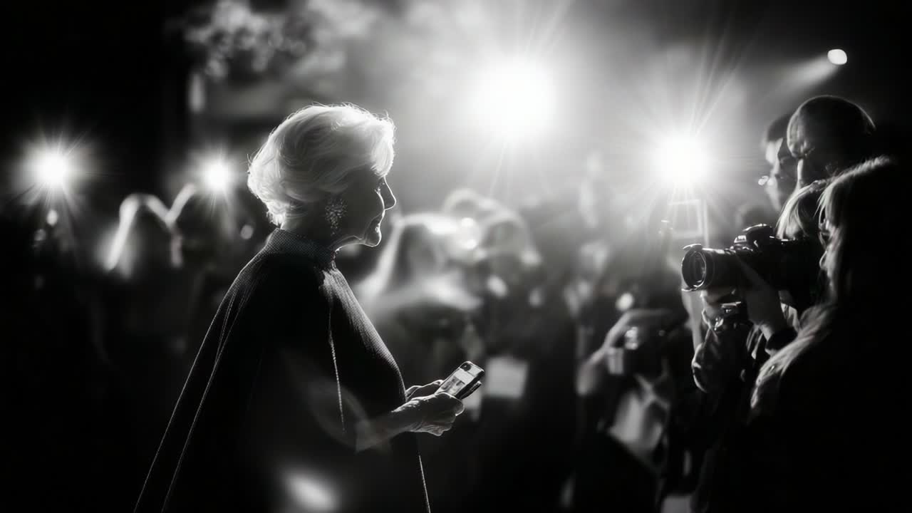 A striking figure captured in a moment, illuminated by multiple flashes from cameras, creating an ambiance of glamour and anticipation in an elegant setting, exemplifying celebrity allure