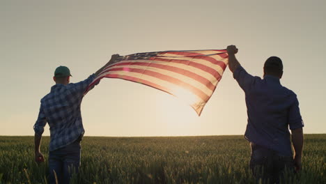 two men raise up the us flag against the backdrop of a wheat field at sunset