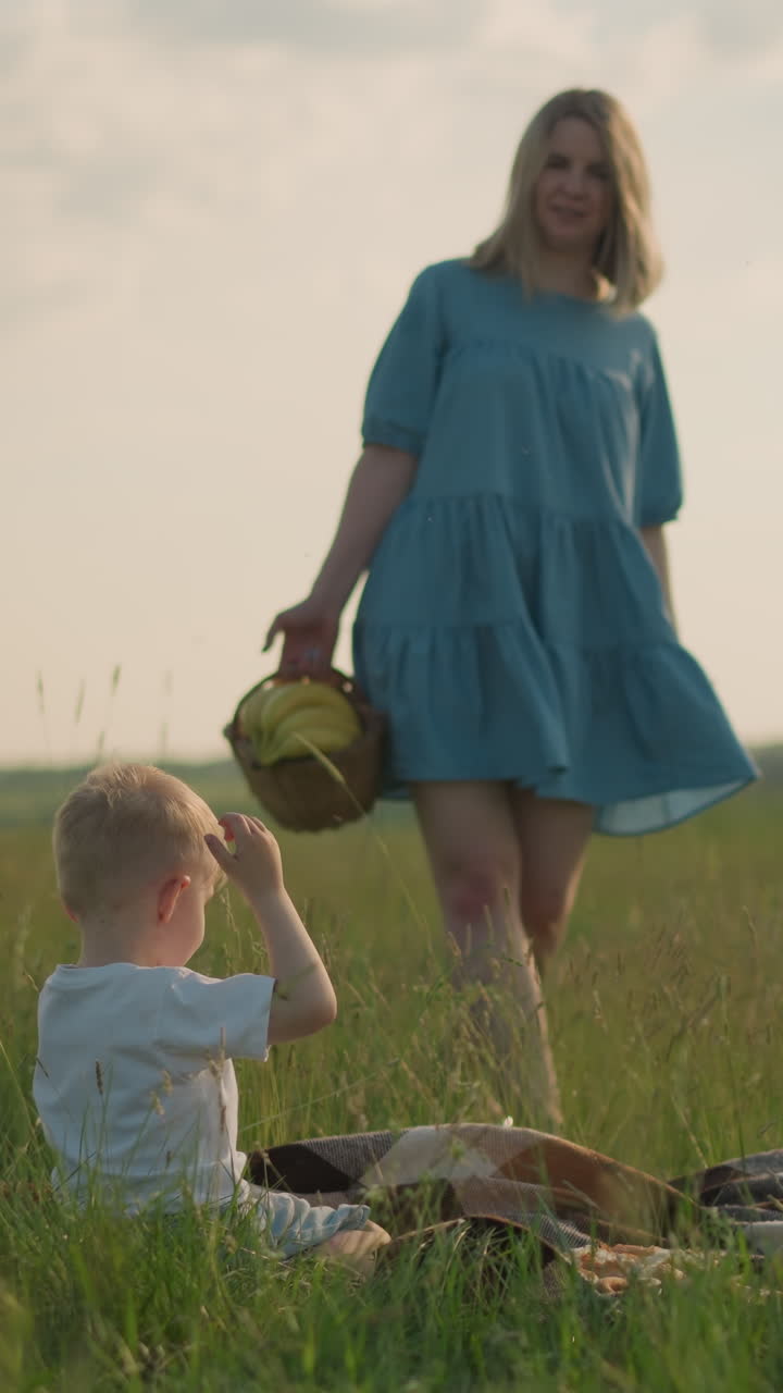 una mujer con un vestido azul fluido camina hacia dos niños jóvenes, vestidos con camisetas blancas, que están sentados en una bufanda en un campo cubierto de hierba. ella lleva una canasta de frutas, creando un picnic pacífico