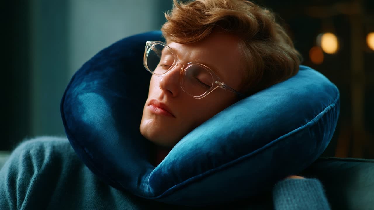 A Moment of Serenity: A Young Man Enjoys Relaxation with a Plush Neck Pillow While Resting in a Cozy Setting, Embracing Peaceful Dreams and Comfort Amidst Daily Life Stress