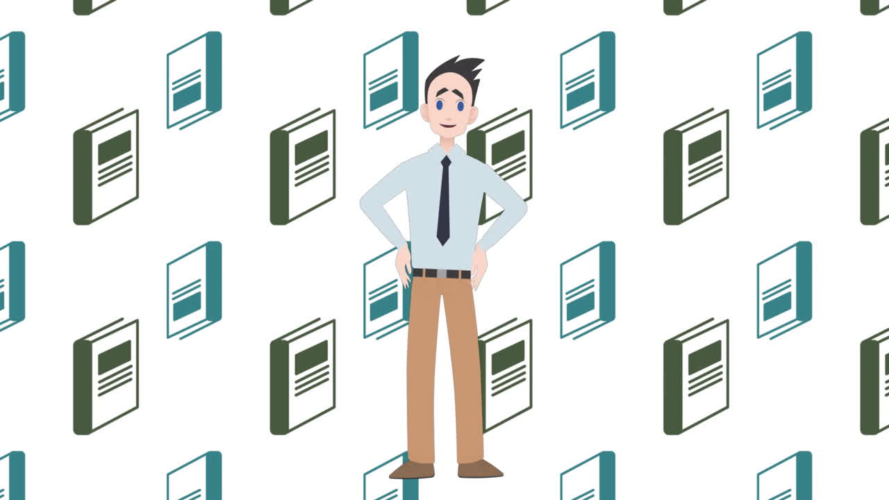 Animation of man talking over book icons