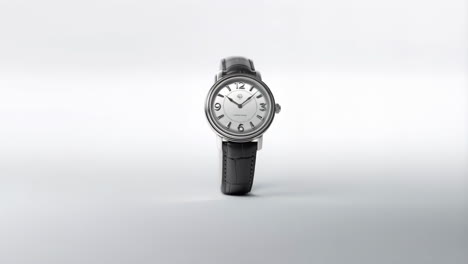 elegant silver watch with black leather strap on white background