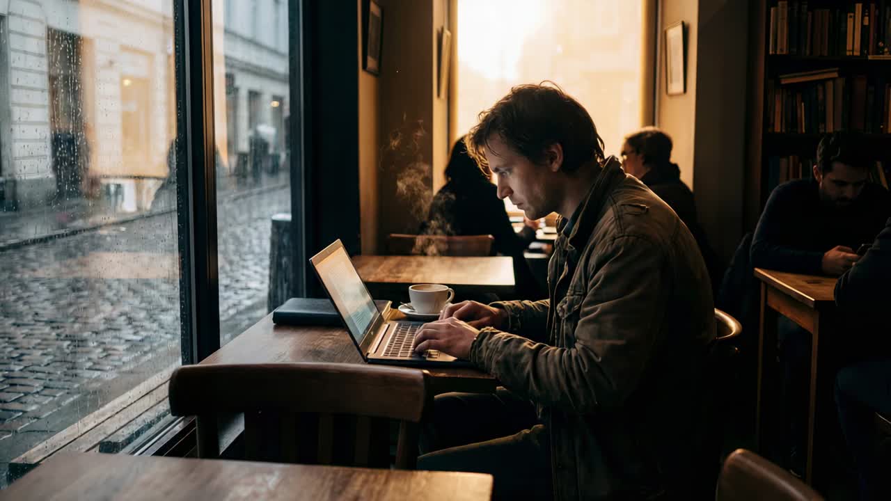 Mann mit dunkler Jacke tippt und reagiert auf den Regen draußen, arbeitet an einem Laptop in einem Café, dampfender Kaffee