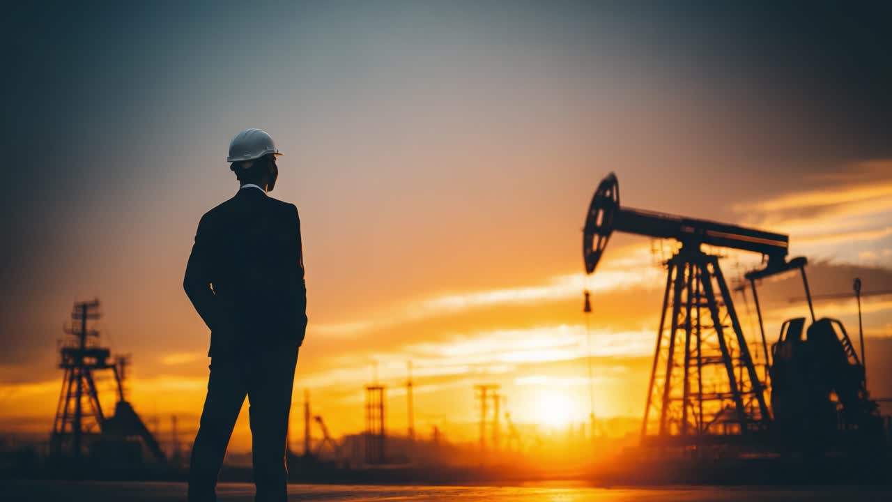 A Silhouette of a Man in a Suit and Hard Hat Overlooking Oil Rigs at Sunset, Symbolizing Industry, Energy, and Future Growth in the Oil Sector