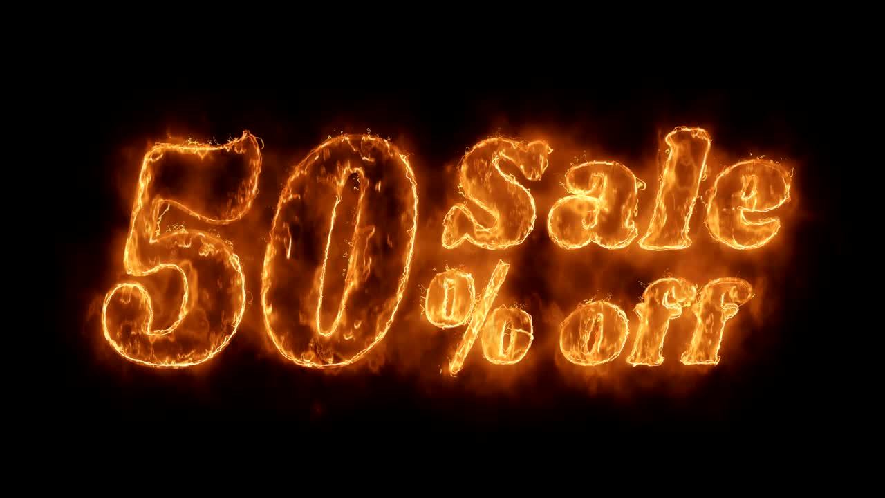 50% de descuento en la palabra animada caliente que quema el bucle de llamas de fuego realista.