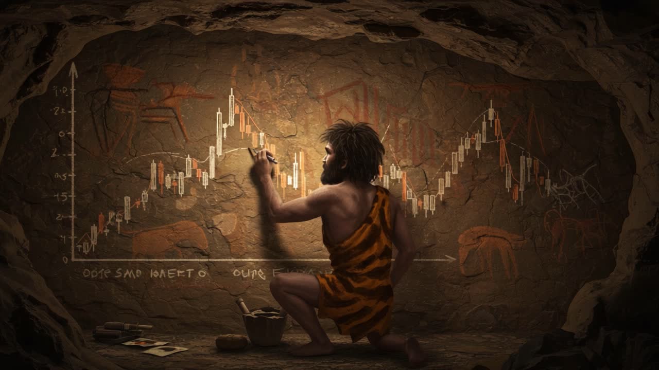 A Primitive Analyst Interprets Market Trends: A Caveman Charts Graphs on Ancient Rock to Blend Two Eras of Insight and Strategy in a Unique Visualization