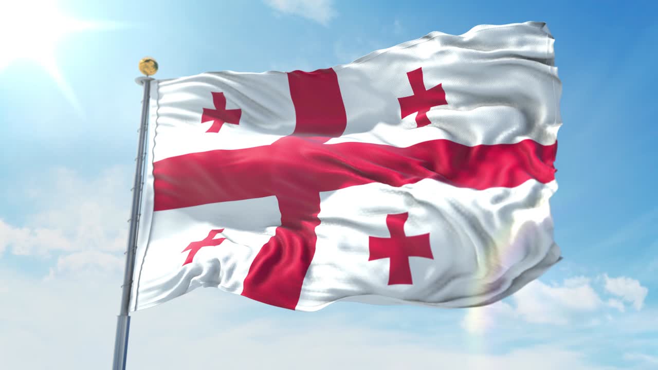 깊은 파란 하늘을 배경으로 바람에 흔들리는 조지아 발, 국가 테마, 국제 개념, 3d 렌더링, 원활한 루프