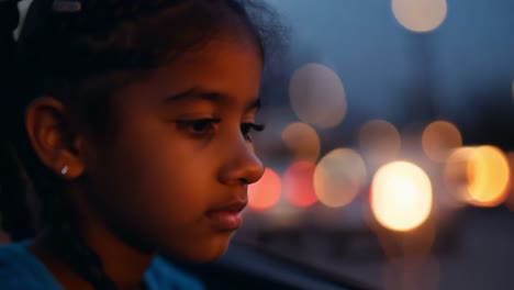 una joven mira por la ventana de un coche por la noche