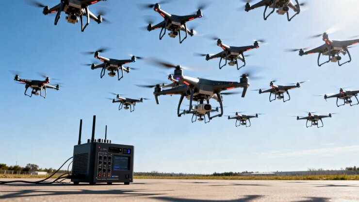 Lançamento sob comando da unidade de controle terrestre, formação de drones subindo e se movendo sobre a pista.