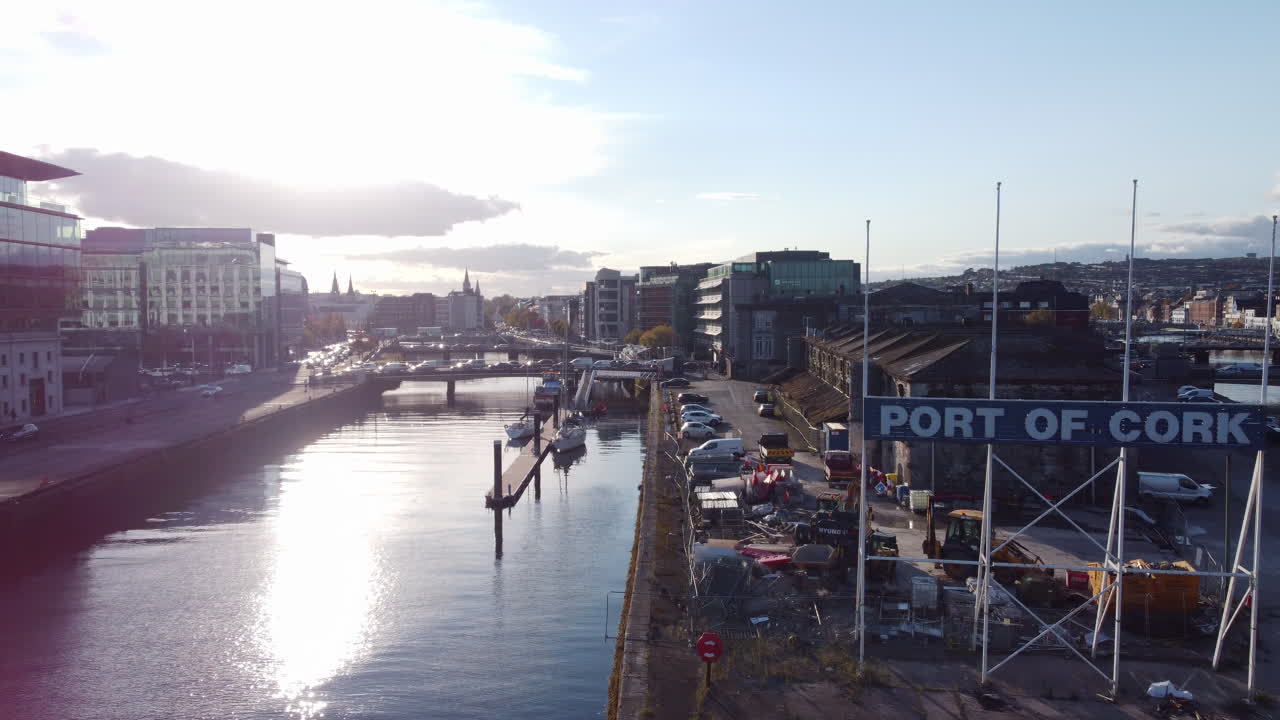 Aerial flying towards Cork harbour at golden hour, Ireland
