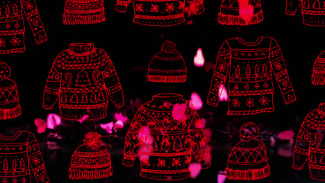 animation of jumpers and hats over glowing pink hearts