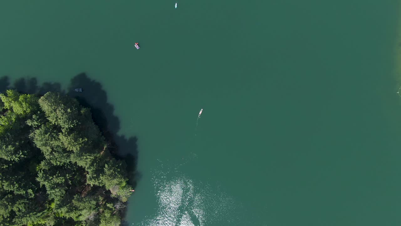 toma aérea sobre kayaks de movimiento lento en un lago verde durante una calurosa y soleada tarde de verano