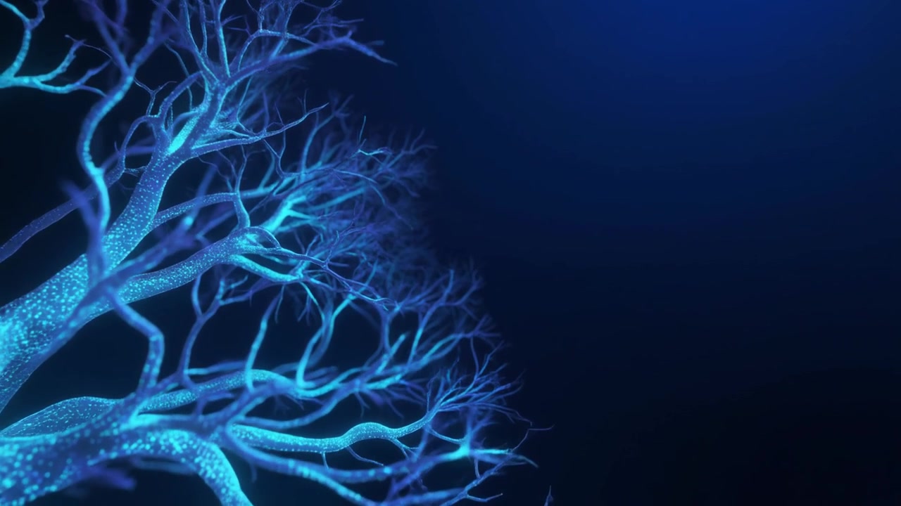 Struttura ad albero digitale luminosa con animazione di rete di particelle