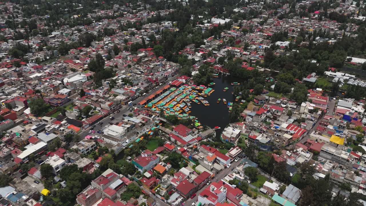 Sunny day drone views of a traditional pier in Xochimilco