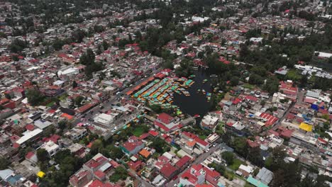 sunny day drone views of a traditional pier in xochimilco