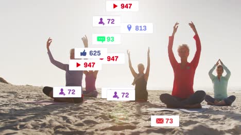 animation of social media notifications, over women doing yoga sitting on beach