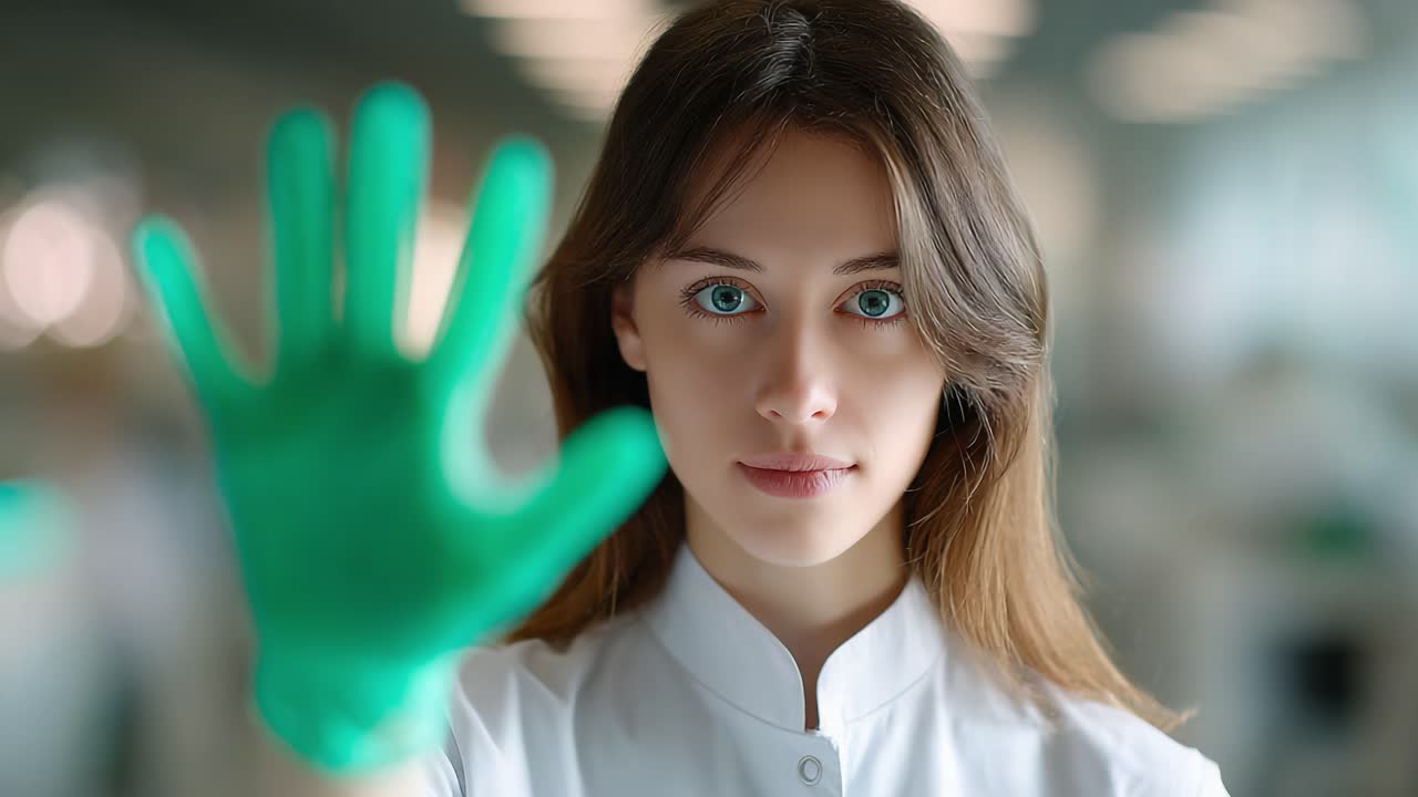 A confident young woman in a laboratory setting holds up her gloved hand, showcasing her readiness to engage in science and research with a clear focus on safety and professionalism