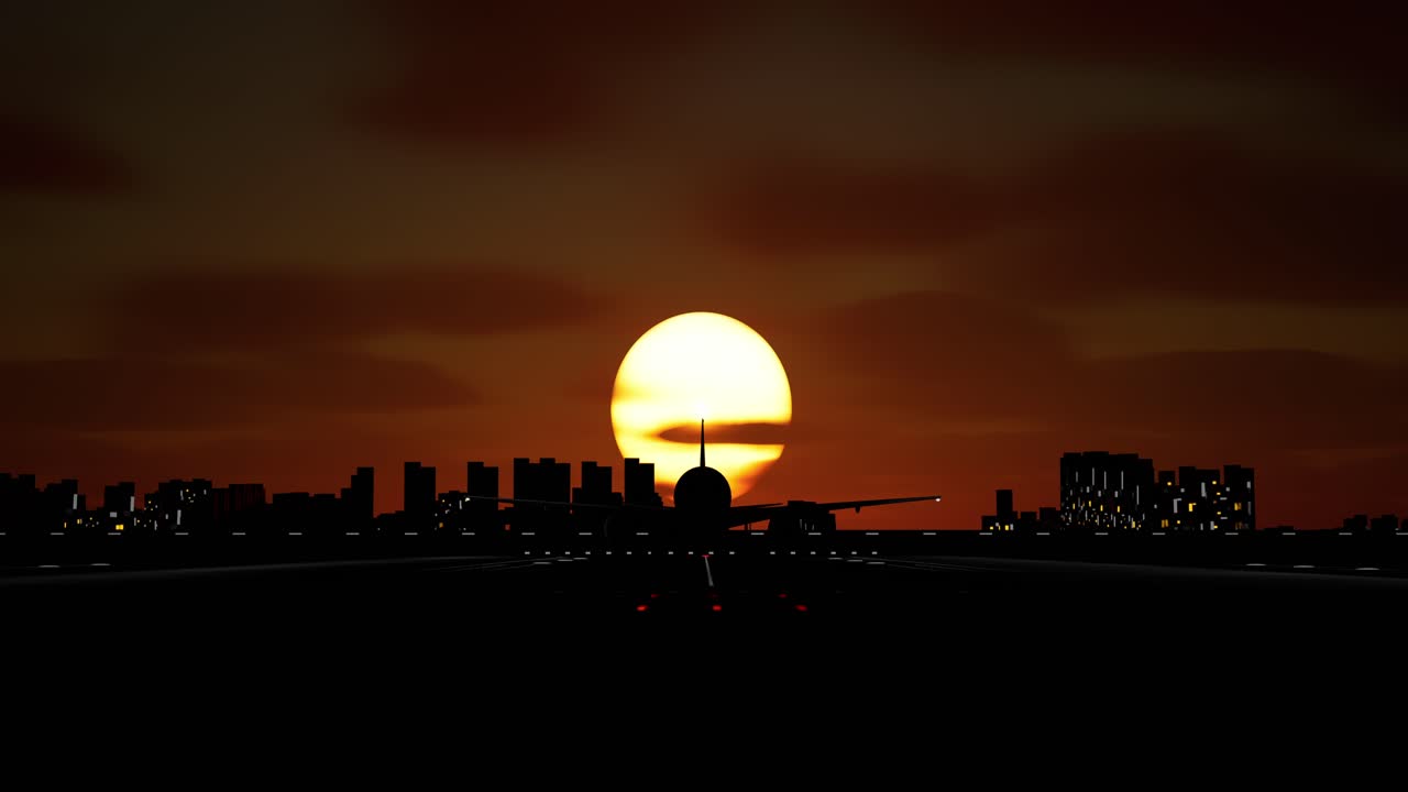 도시 위에서 해가 지면 비행기가 착륙하거나 이륙합니다.