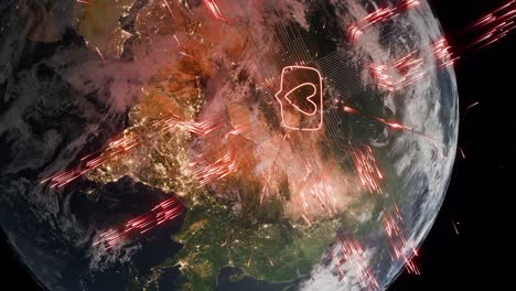 Planet Earth showing Asia with heart icon in chat bubble and red digital network lines. Social media interaction and global communication concept for poster and wallpaper. vertical