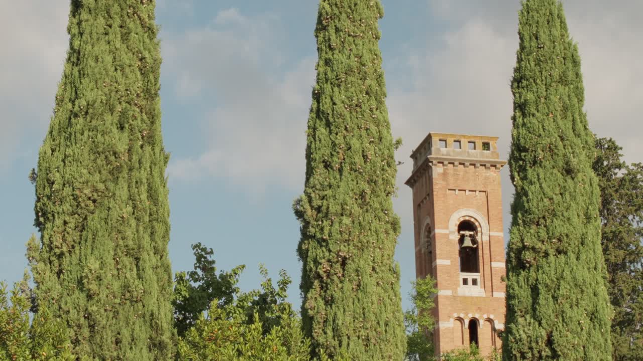 Pigeons fly to and from a bell tower amidst the cypress trees in Tuscany, Italy.