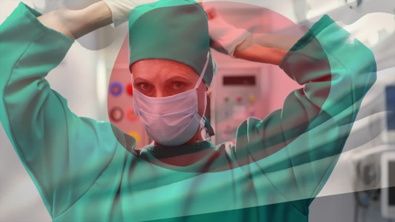 female surgeon adjusting surgical cap inside operating room, with animated monitor charts