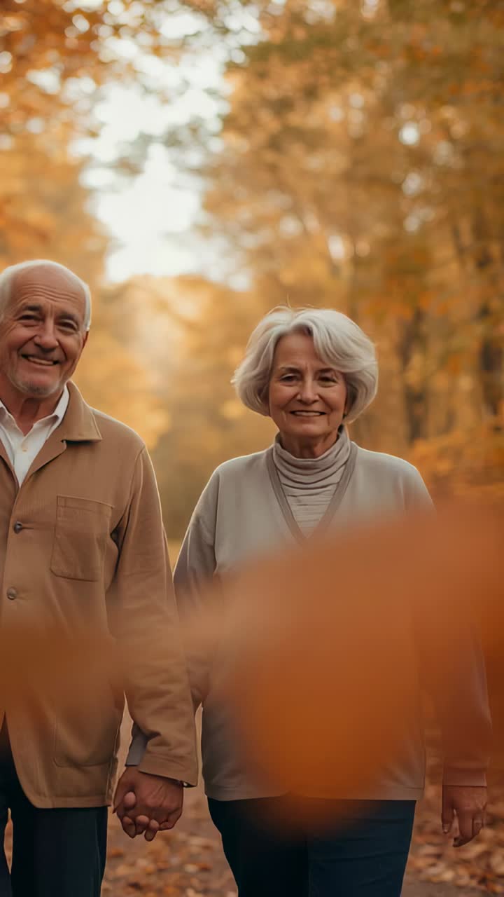 Vertical video: Walking older couple holding hands in park, jacket cardigan breeze sending leaf