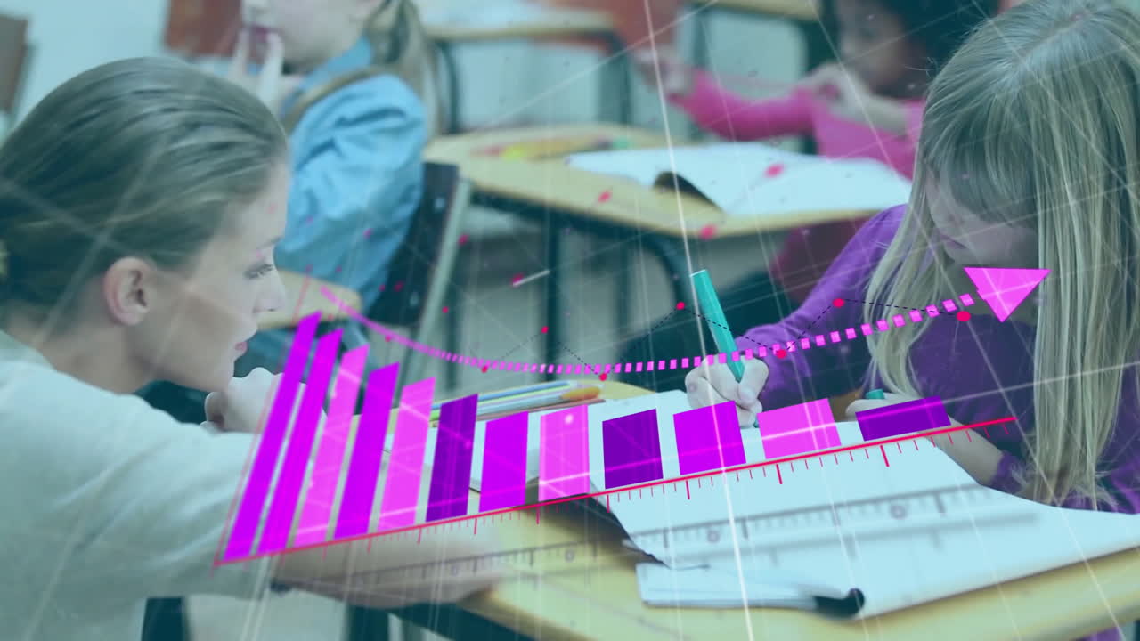 animación del procesamiento de datos financieros sobre diversos escolares y maestras