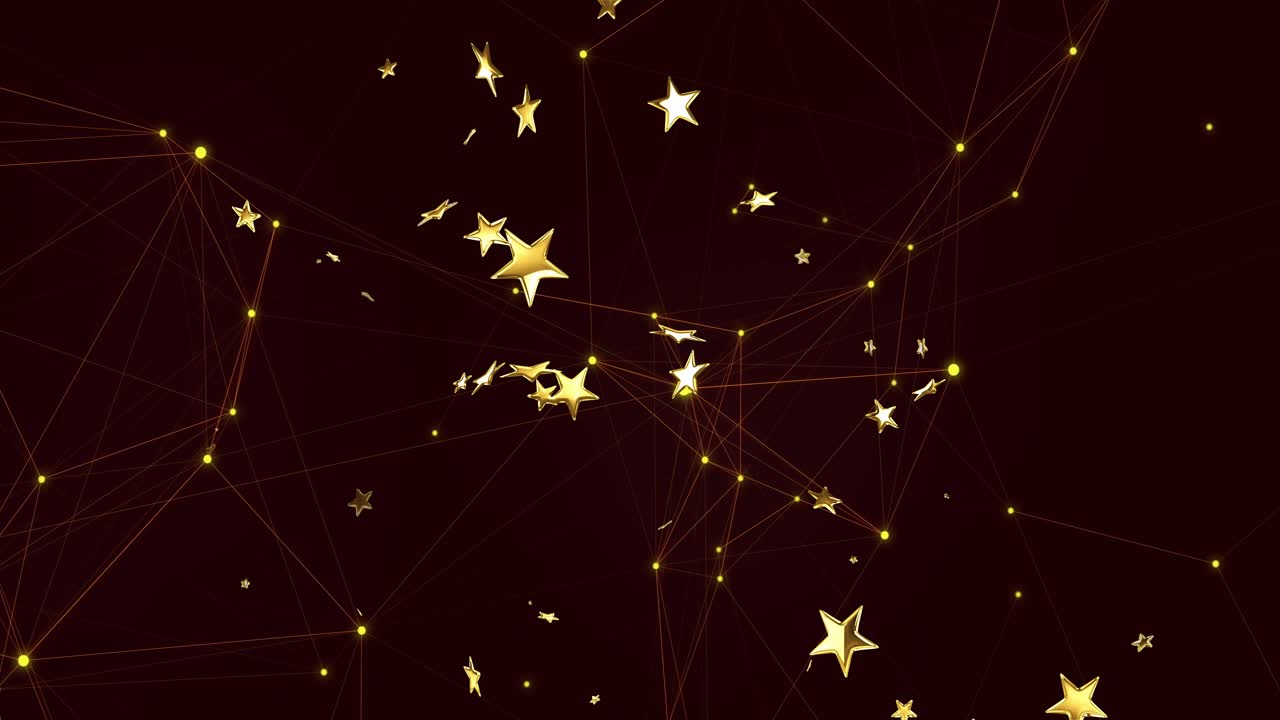 Gold stars and glowing nodes drifting clustering as pulsing nodes pulling stars into network web