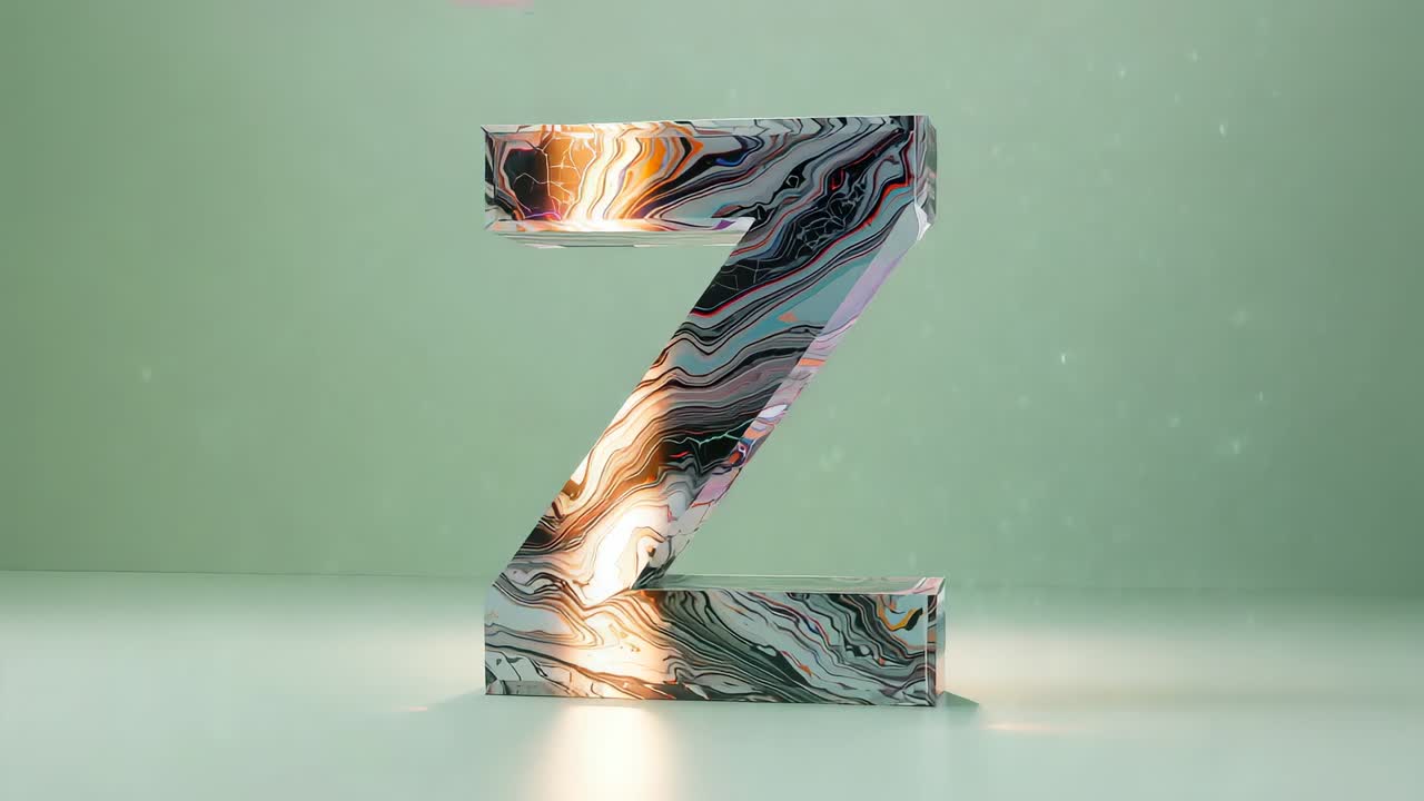 Light moving from top left sweeping across marbled letter Z on smooth platform, adding contrast