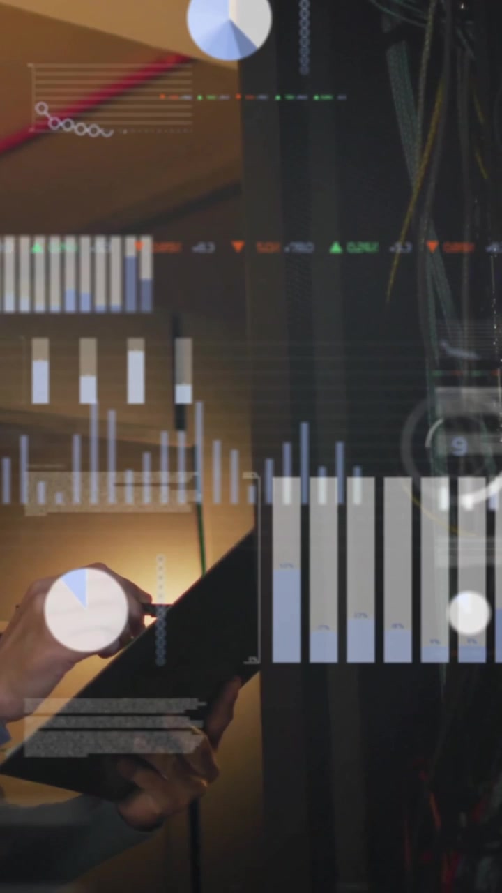 Animation of data processing over asian male it engineer by computer servers