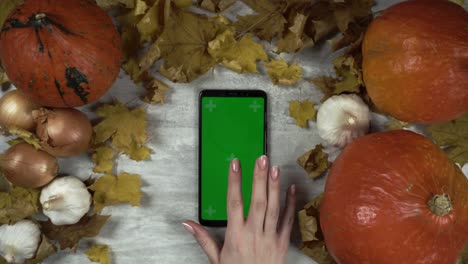 there is a chroma key phone in vertical orientation among fall composition and lady who clicks on it