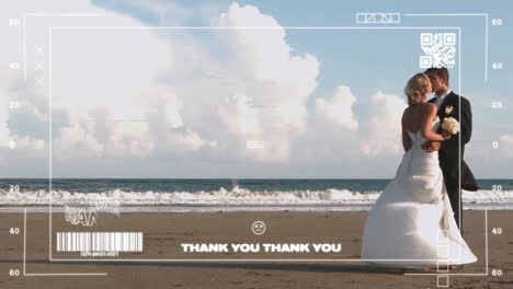 bride and groom embracing on beach with thank you animation overlaid