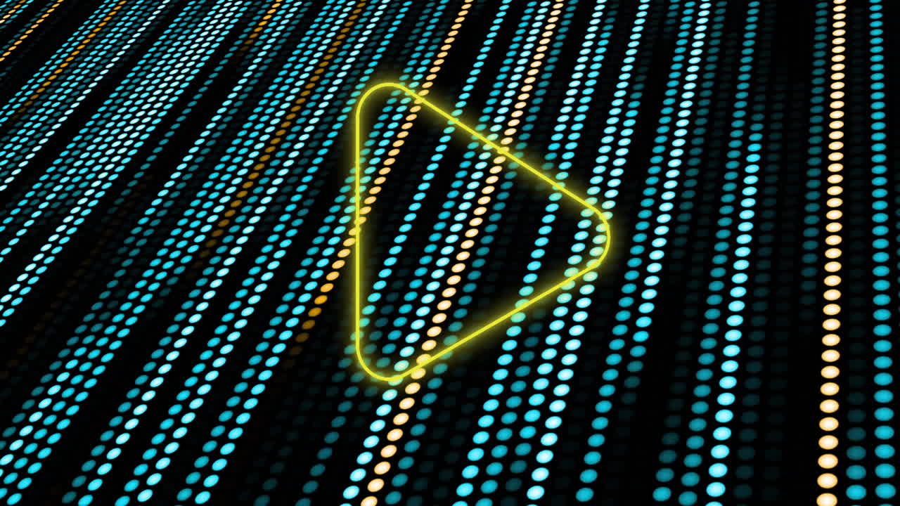 Animation of neon play icon over glowing lgiht trails on black background