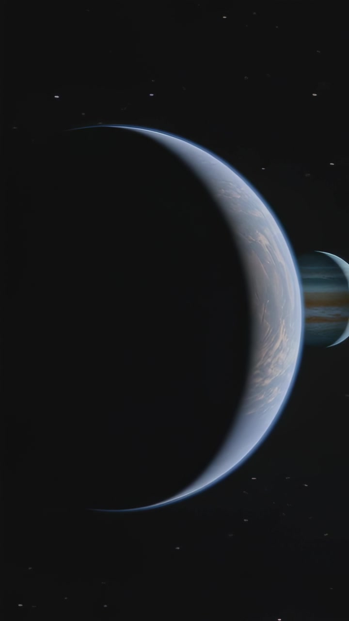 Vertical video: Panning view showing crescent planet moving past stars showing banded giant