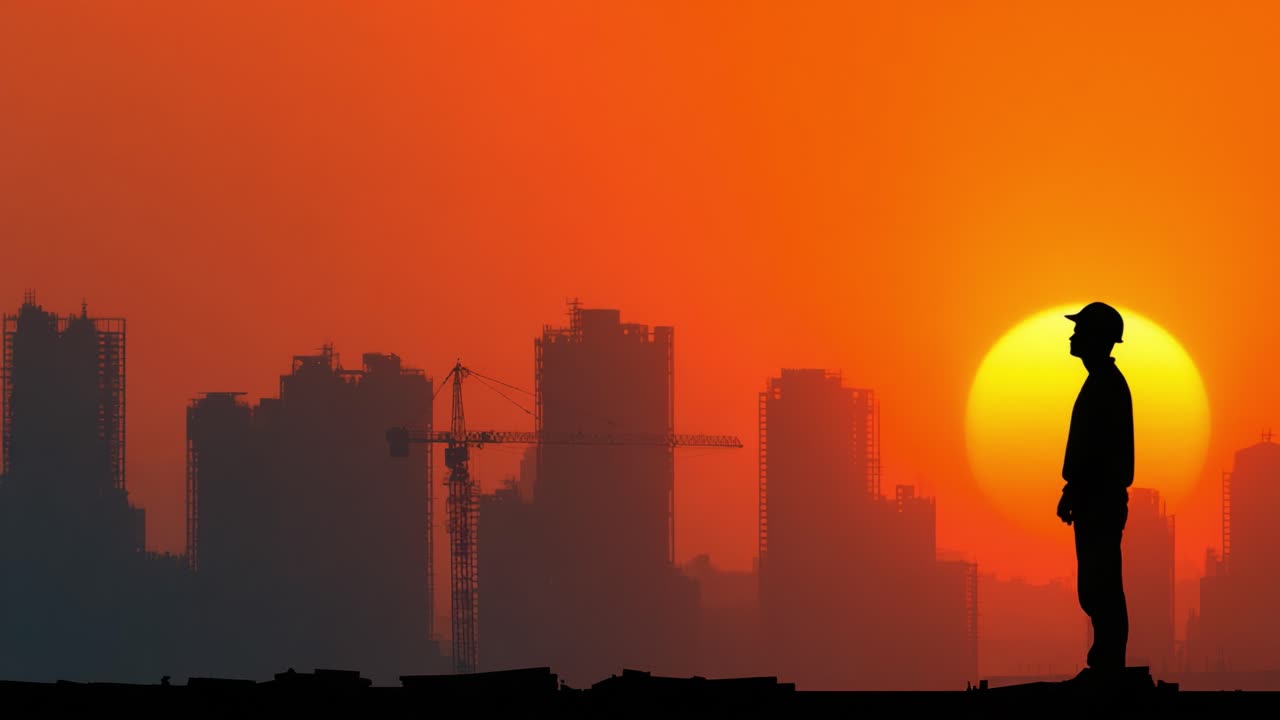 Una silueta de un obrero de la construcción se alza sobre un impresionante fondo de atardecer, resaltando el contraste entre el desarrollo urbano y la belleza natural.