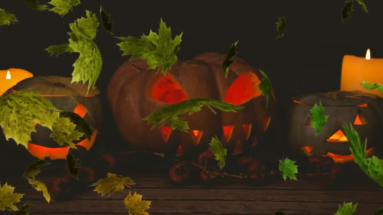 video compuesto digital de hojas de otoño que se mueven contra la calabaza de halloween en el fondo