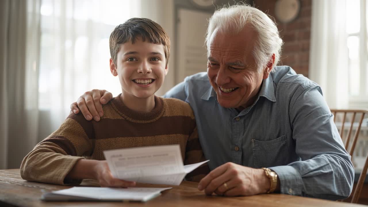 Showing paper grandson holding, grandpa leaning in and reading to review at home table, with clock