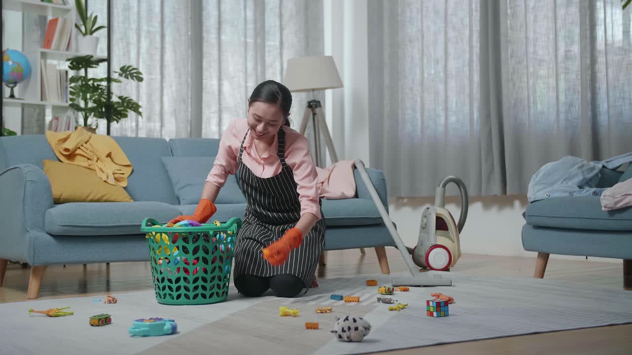 Woman Cleaning Up a Messy Living Room