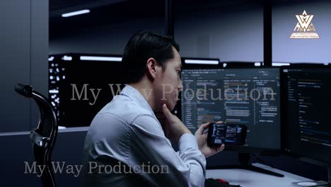 man working on computers in a server room