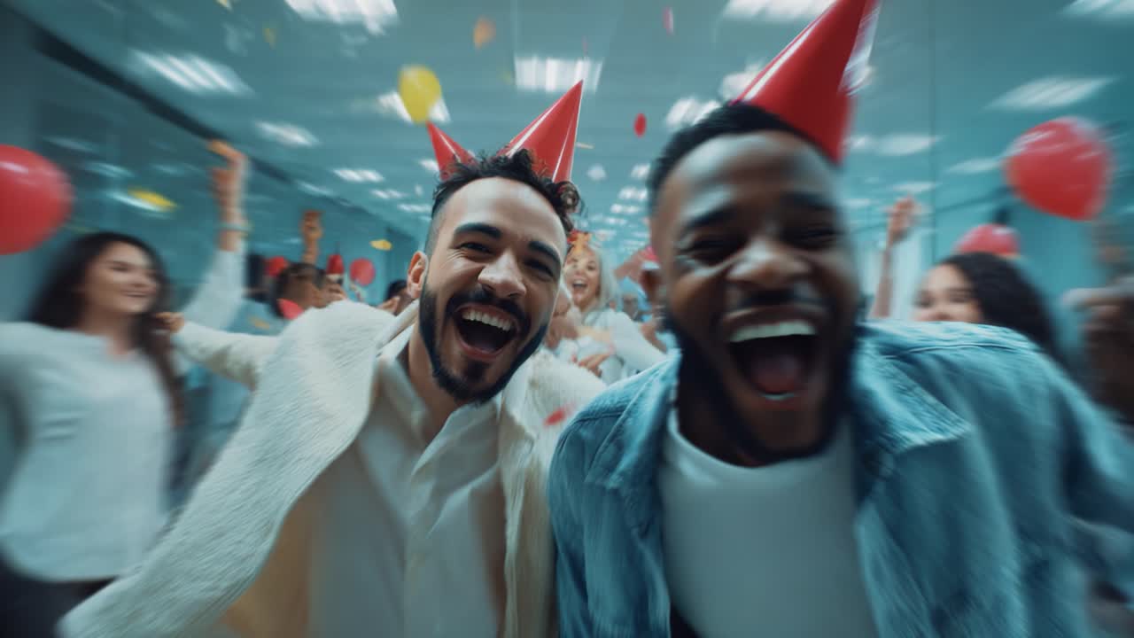 Festa gioiosa: un gruppo dinamico di amici celebra la felicità e il divertimento con cappellini da festa, palloncini colorati e risate in un'atmosfera di festa entusiasmante, catturata in due immagini accattivanti